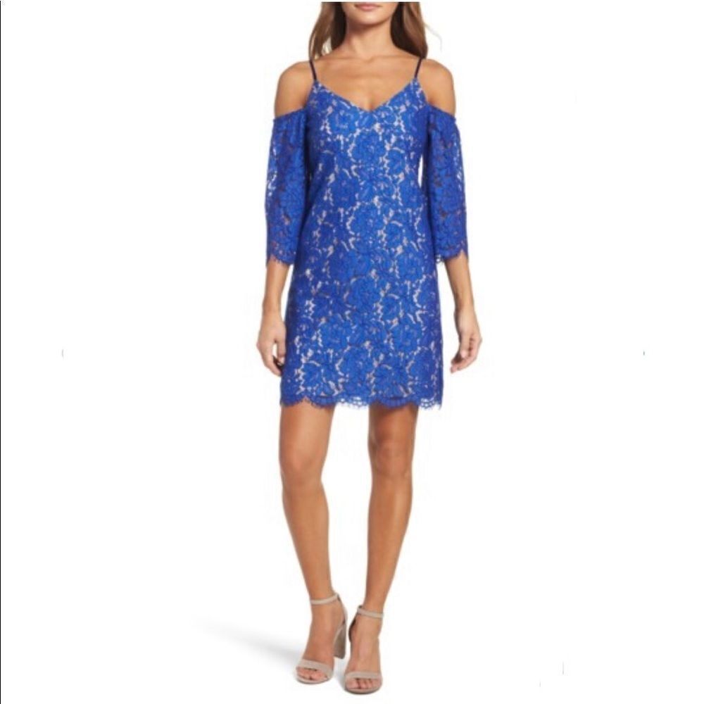 Chelsea28 Blue Lace Off Shoulder Shift Dress Small